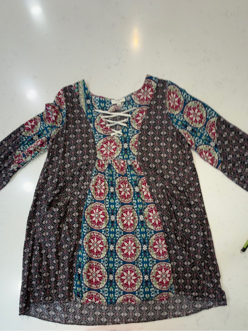 Umgee Mixed Print Lace-Up Boho Tunic in Teal, Burgundy and Black